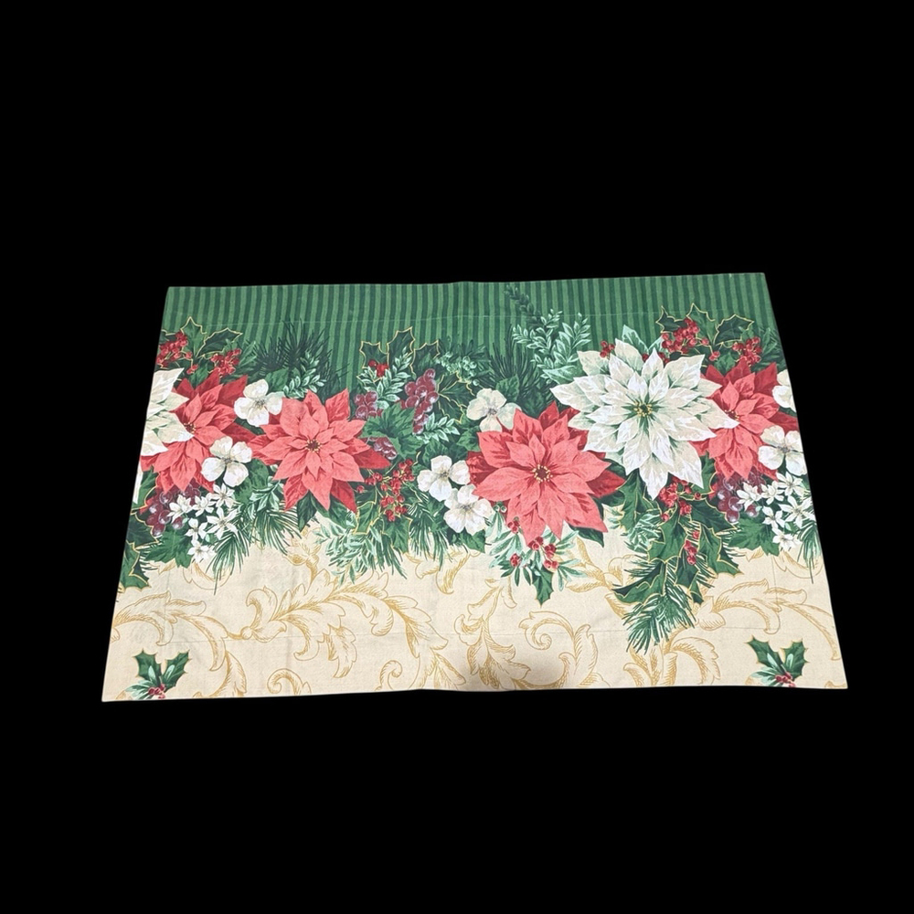 Vintage King Pillowcase Sham Christmas Poinsettia Holly Floral Holiday READ - Picture 7 of 9